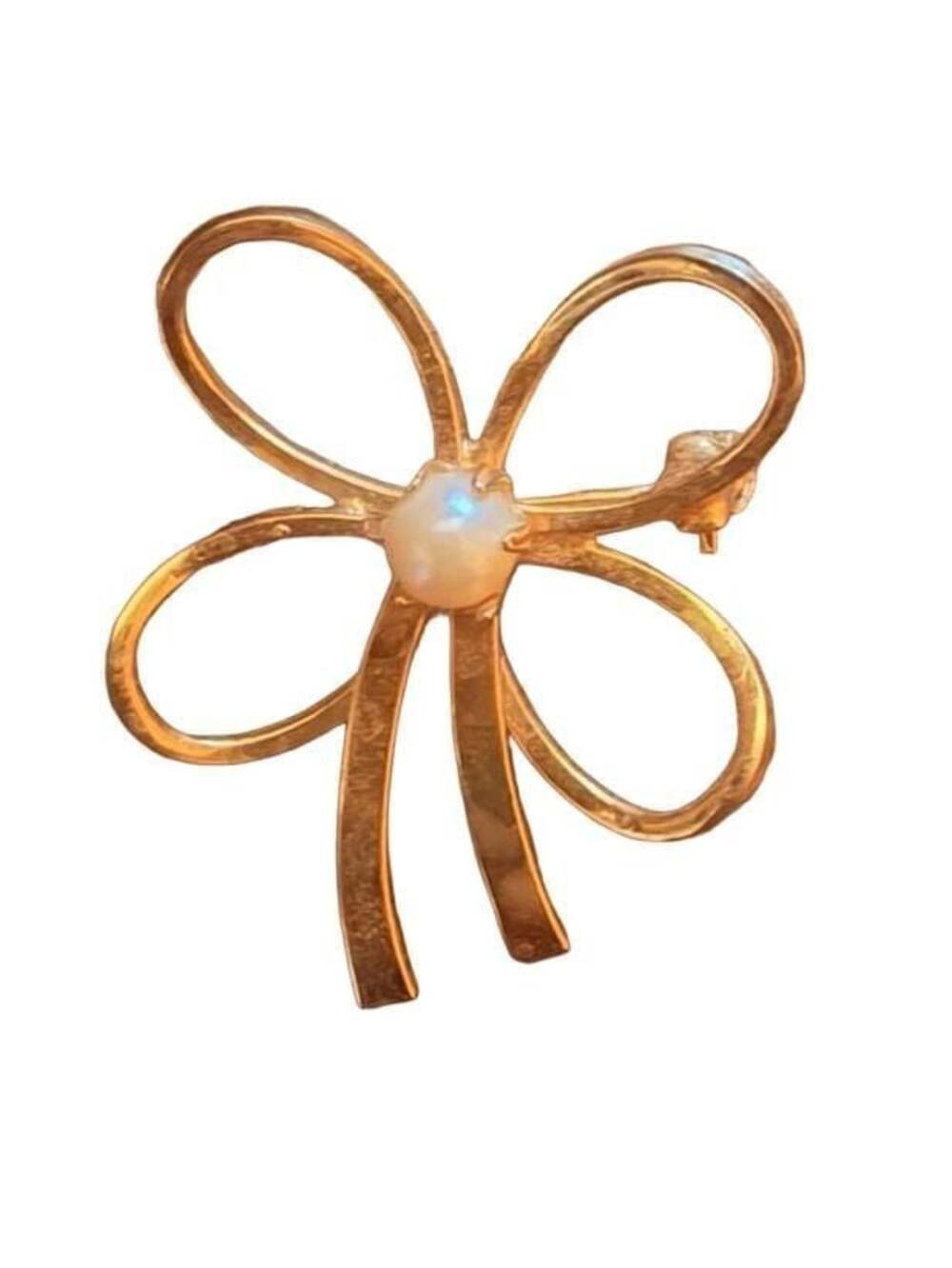 Vintage Gold-Tone Bow Brooch with Central Faux Pearl